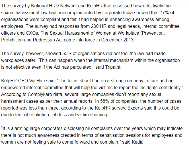 At BSE 100 companies, survey finds more cases of sexual harassment reported as awareness grows Economic Times 10Oct18 - At BSE 100 companies, survey finds more cases of sexual harassment reported as awareness grows